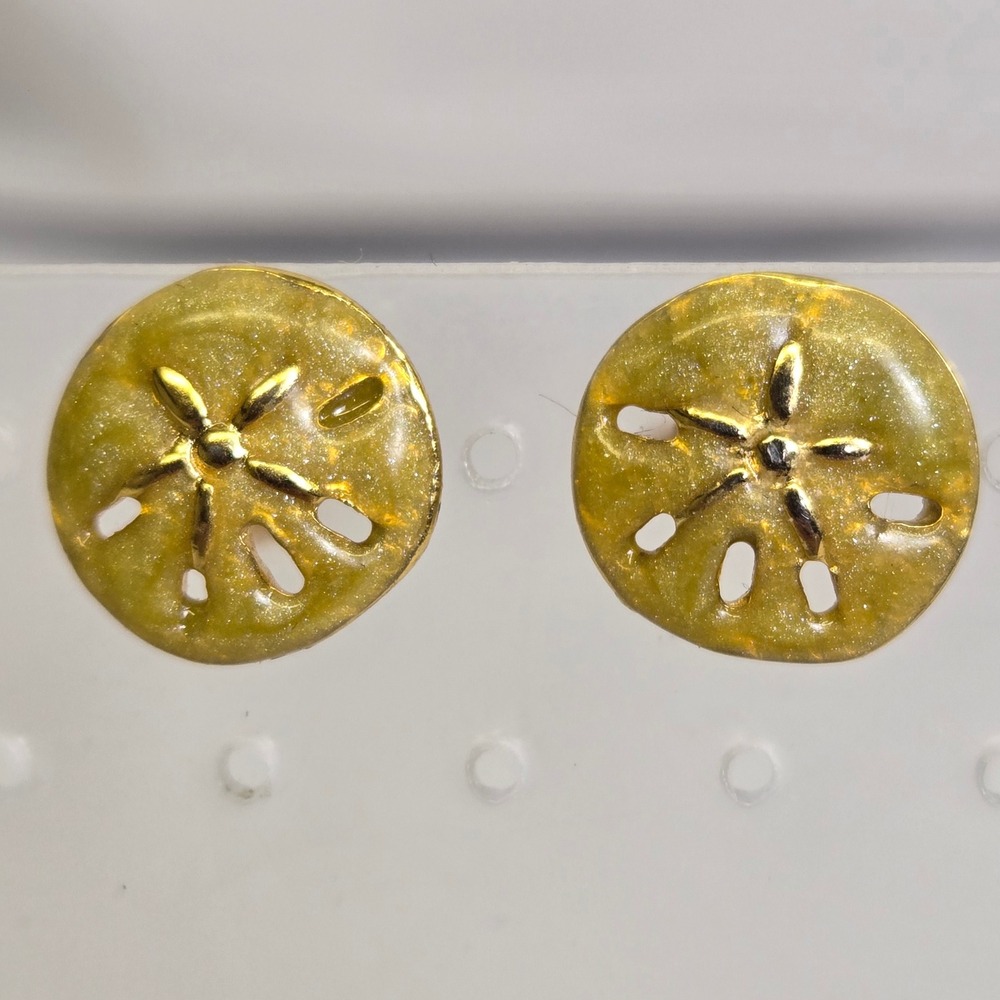 Mini Sand Dollar Stud Post Earrings, Glittery Gold Tone, 0.5"